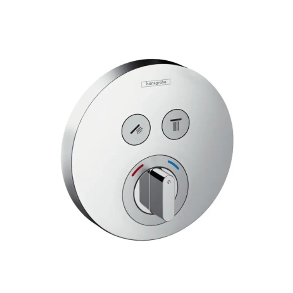 Hansgrohe Misch- und Steuerungsregler in Chromoptik für die Dusche, mit zwei Bedienelementen und Temperaturregelung in der Mitte.